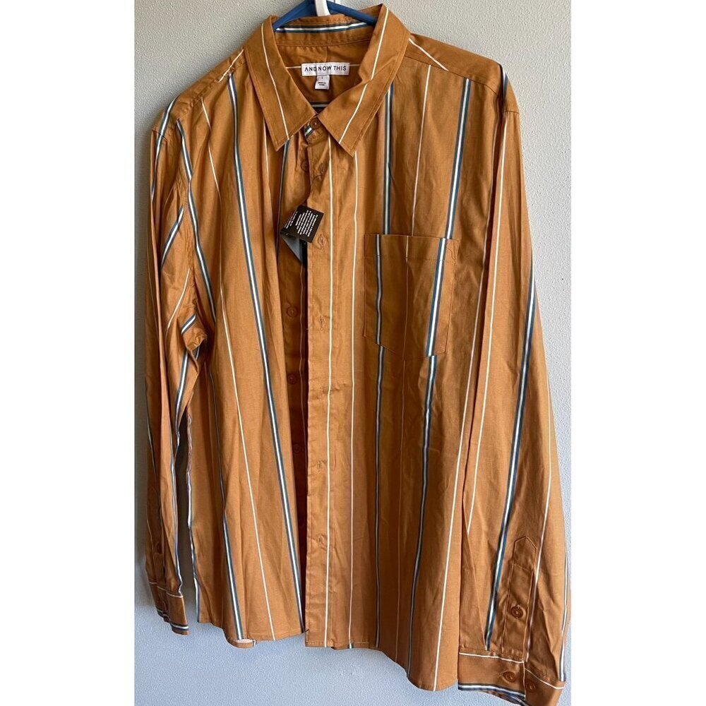 AND NOW THIS Mens Regular Fit Brown Striped Long Sleeve Button Up Shirt Large - Picture 4 of 12